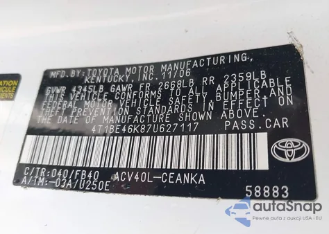 2007 Toyota Camry Le from USA, damaged, VIN 4T1BE46K87U627117